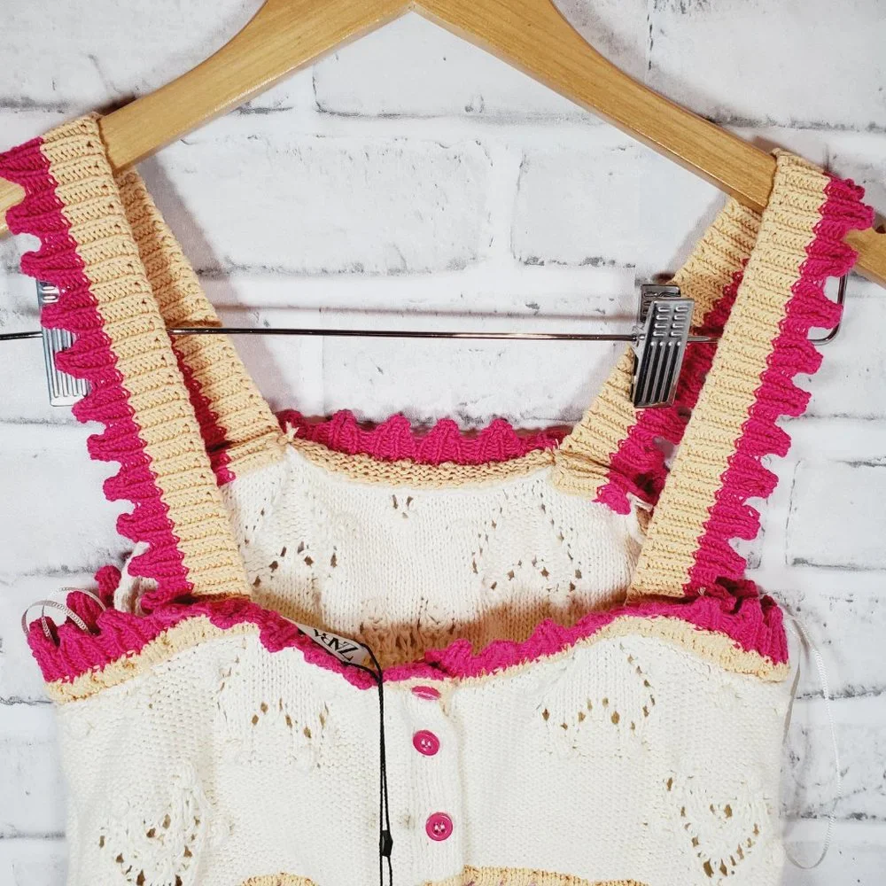 zara knitted top with hearts pink beige cropped top size small nwt - Picture 5 of 7